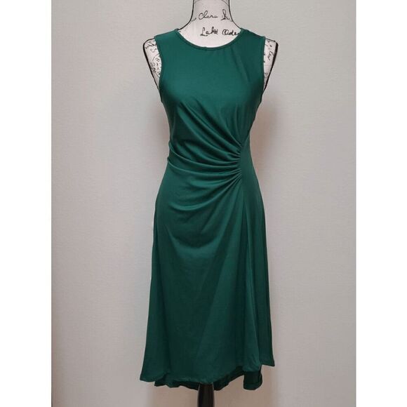 💚 Green Sleeveless Ruched Waist Flowy A-line Hi-Lo Midi Dress SIZE L - Picture 7 of 16